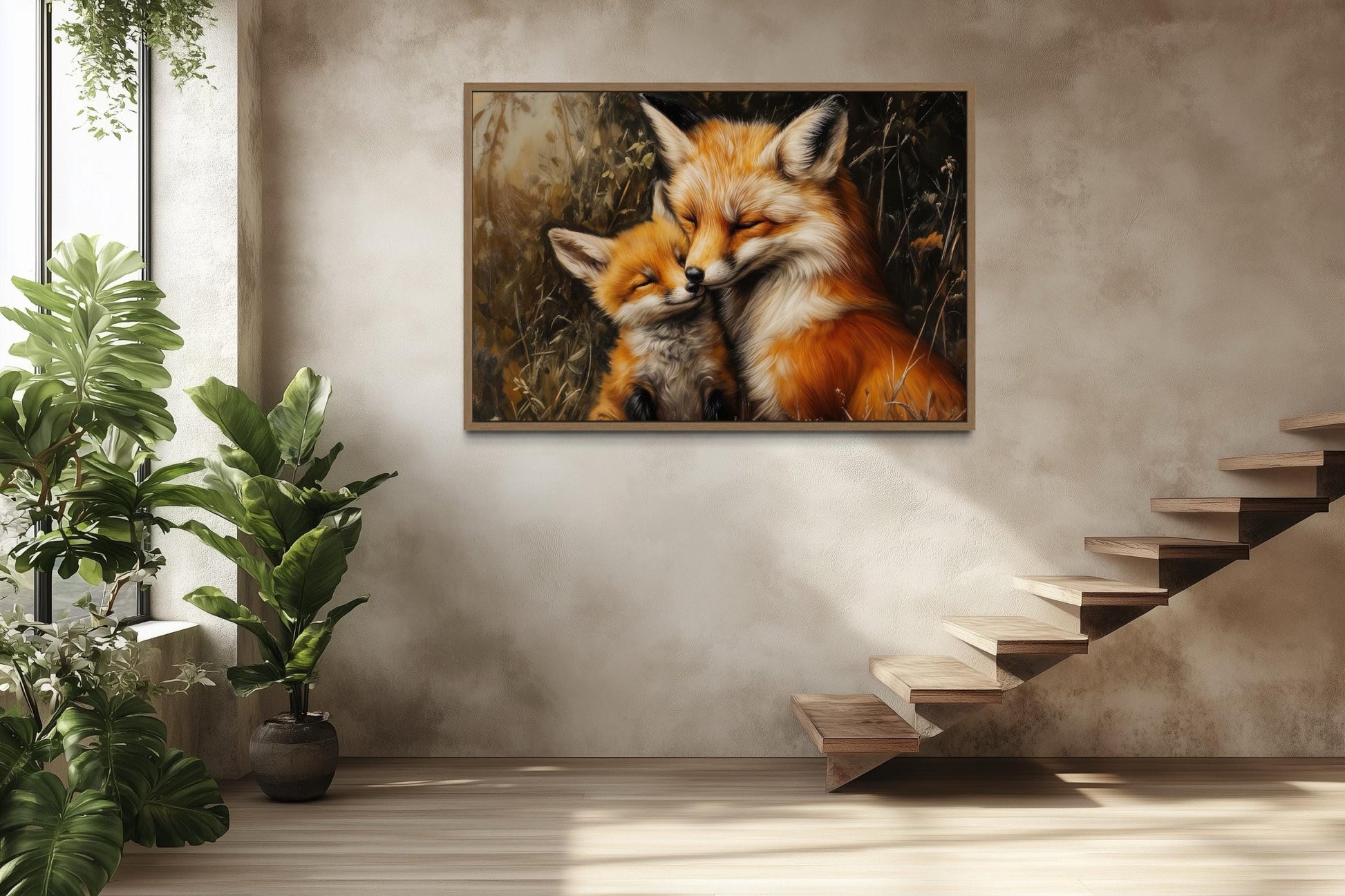 Fox Mama And Baby Hugging Framed Canvas Wall Art