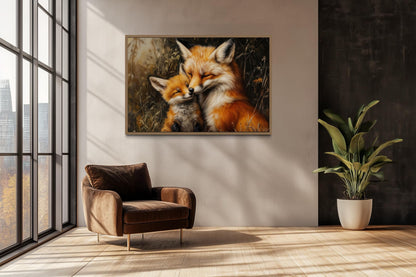Fox Mama And Baby Hugging Framed Canvas Wall Art