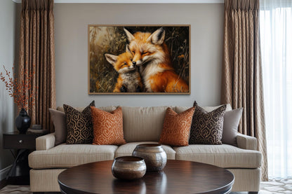 Fox Mama And Baby Hugging Framed Canvas Wall Art