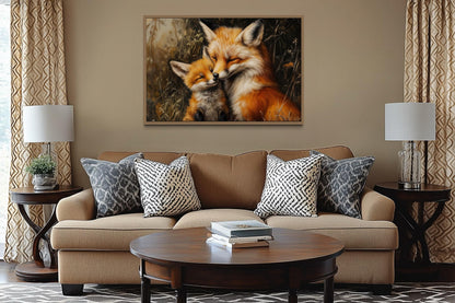 Fox Mama And Baby Hugging Framed Canvas Wall Art