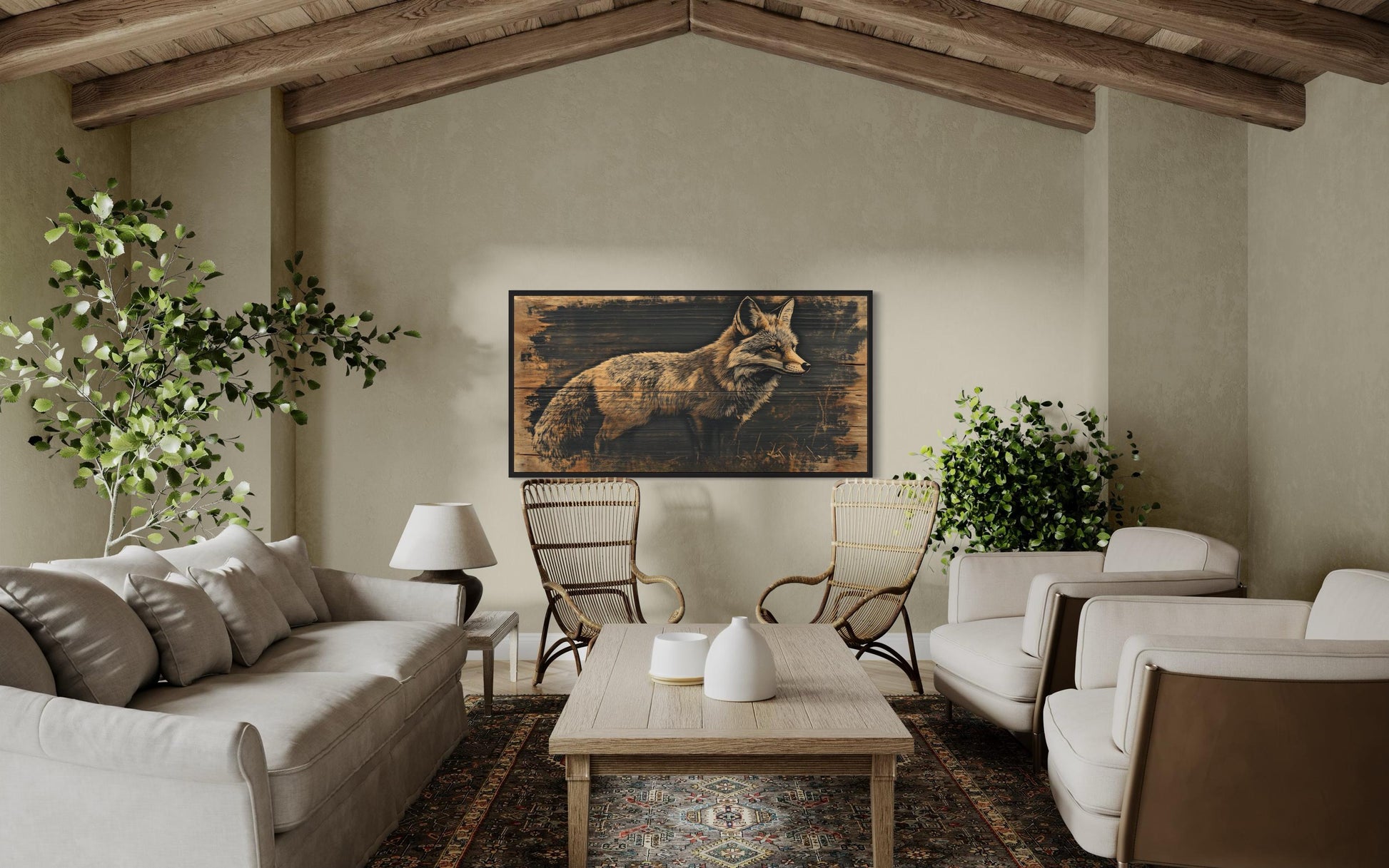 Fox Painted on Dark Wood Framed Canvas Wall Art