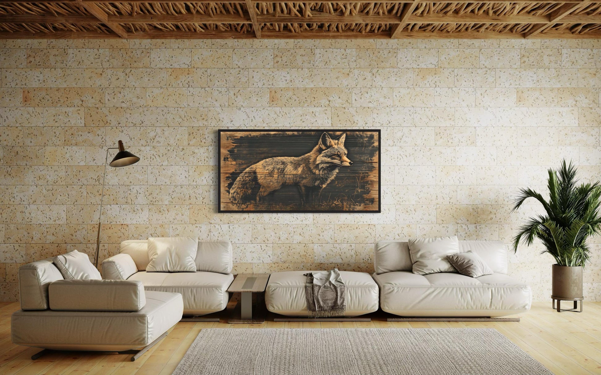 Fox Painted on Dark Wood Framed Canvas Wall Art