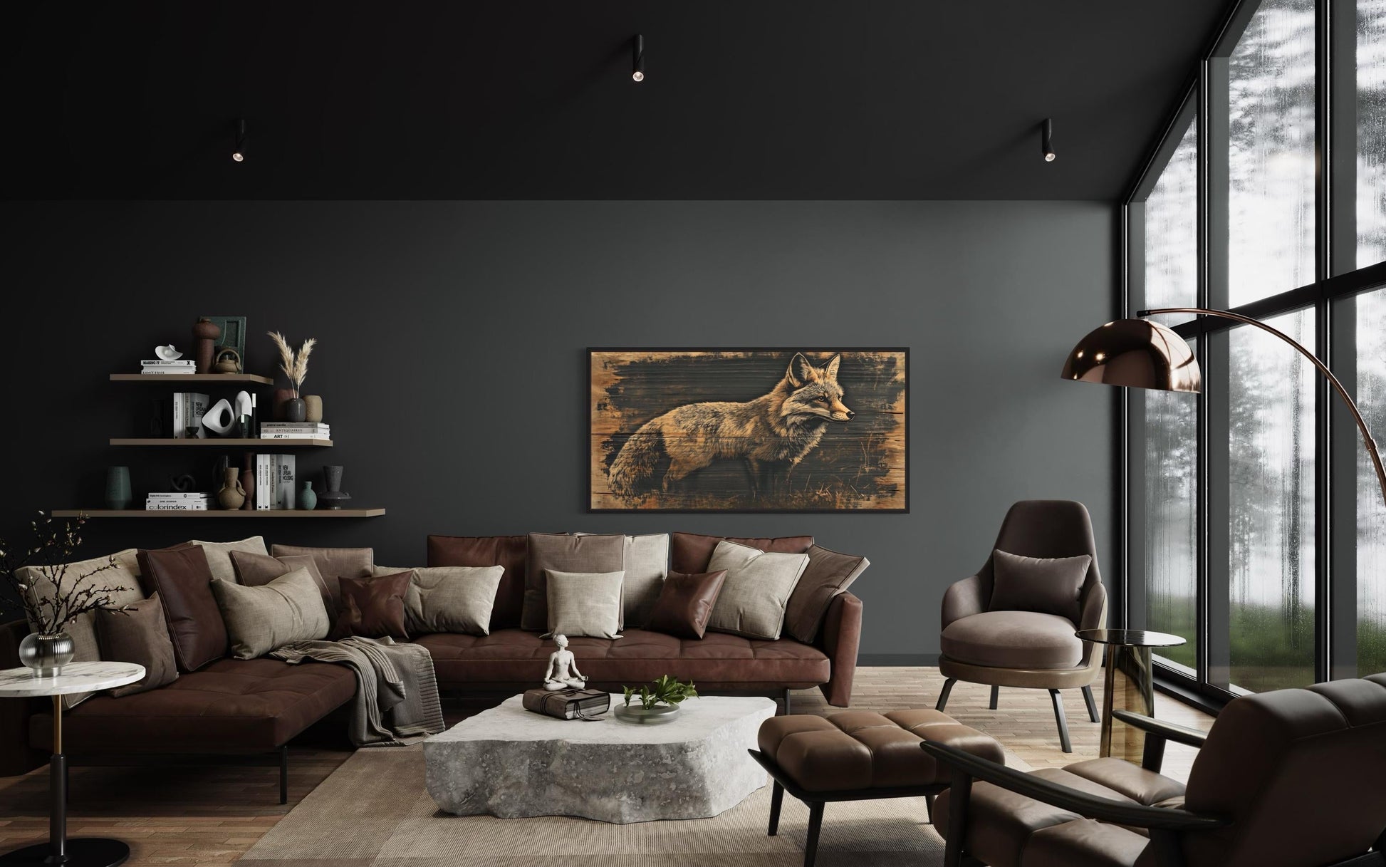Fox Painted on Dark Wood Framed Canvas Wall Art