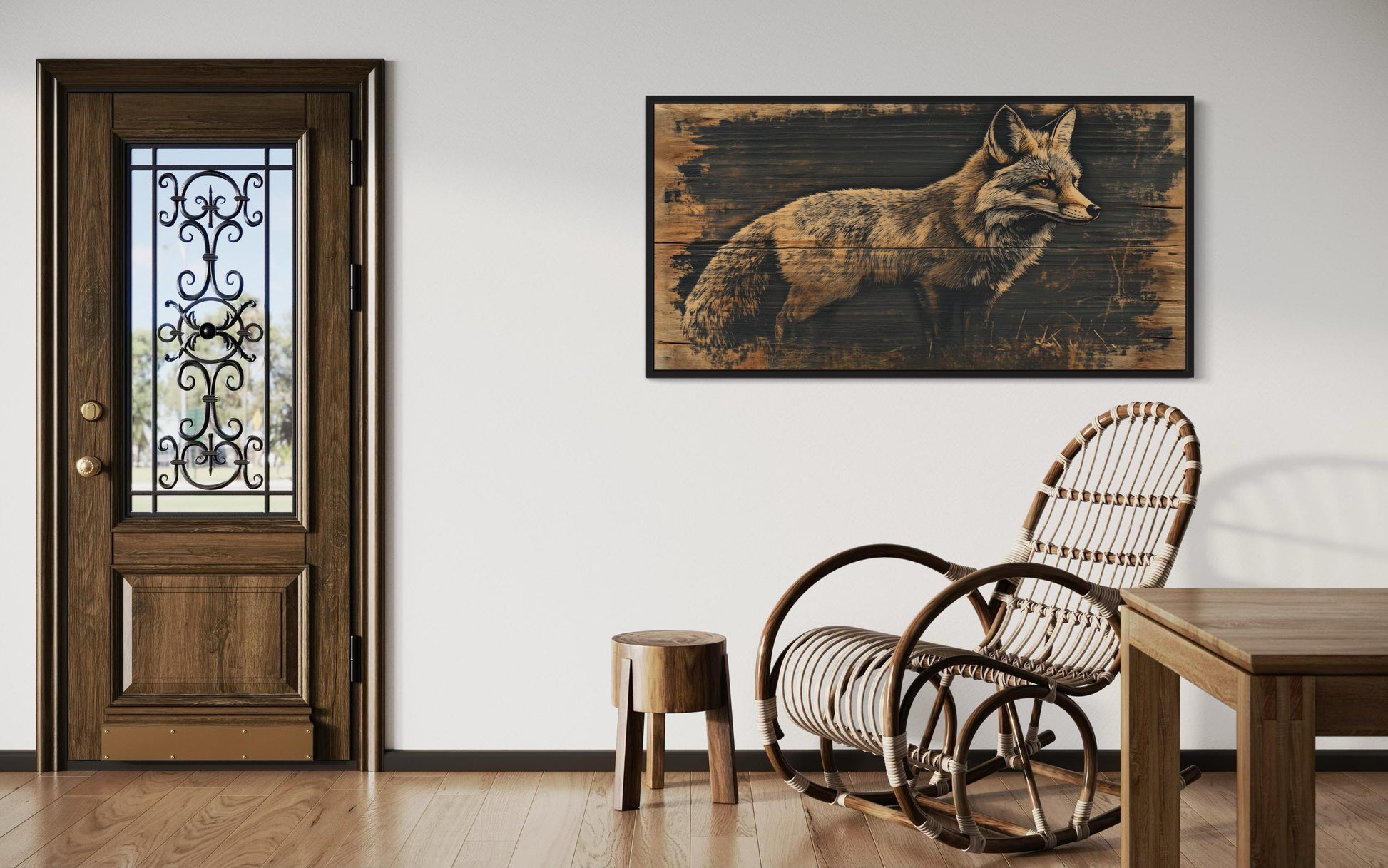 Fox Painted on Dark Wood Framed Canvas Wall Art