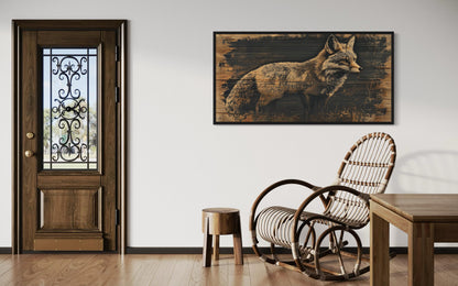 Fox Painted on Dark Wood Framed Canvas Wall Art