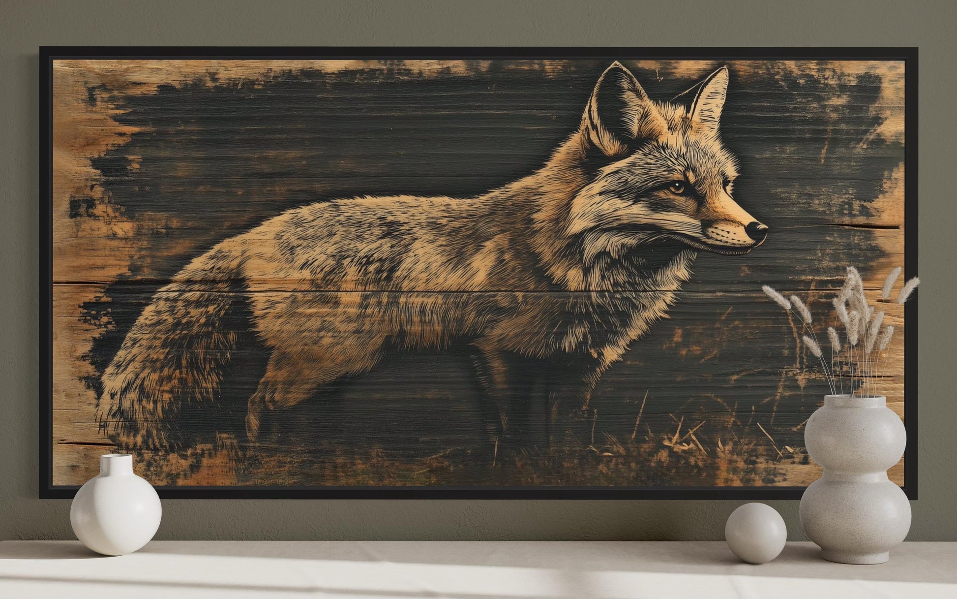 Fox Painted on Dark Wood Framed Canvas Wall Art