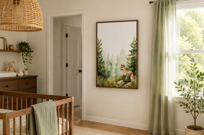Fox In The Forest Watercolor Framed Canvas Wall Art For Nursery Or Cabin