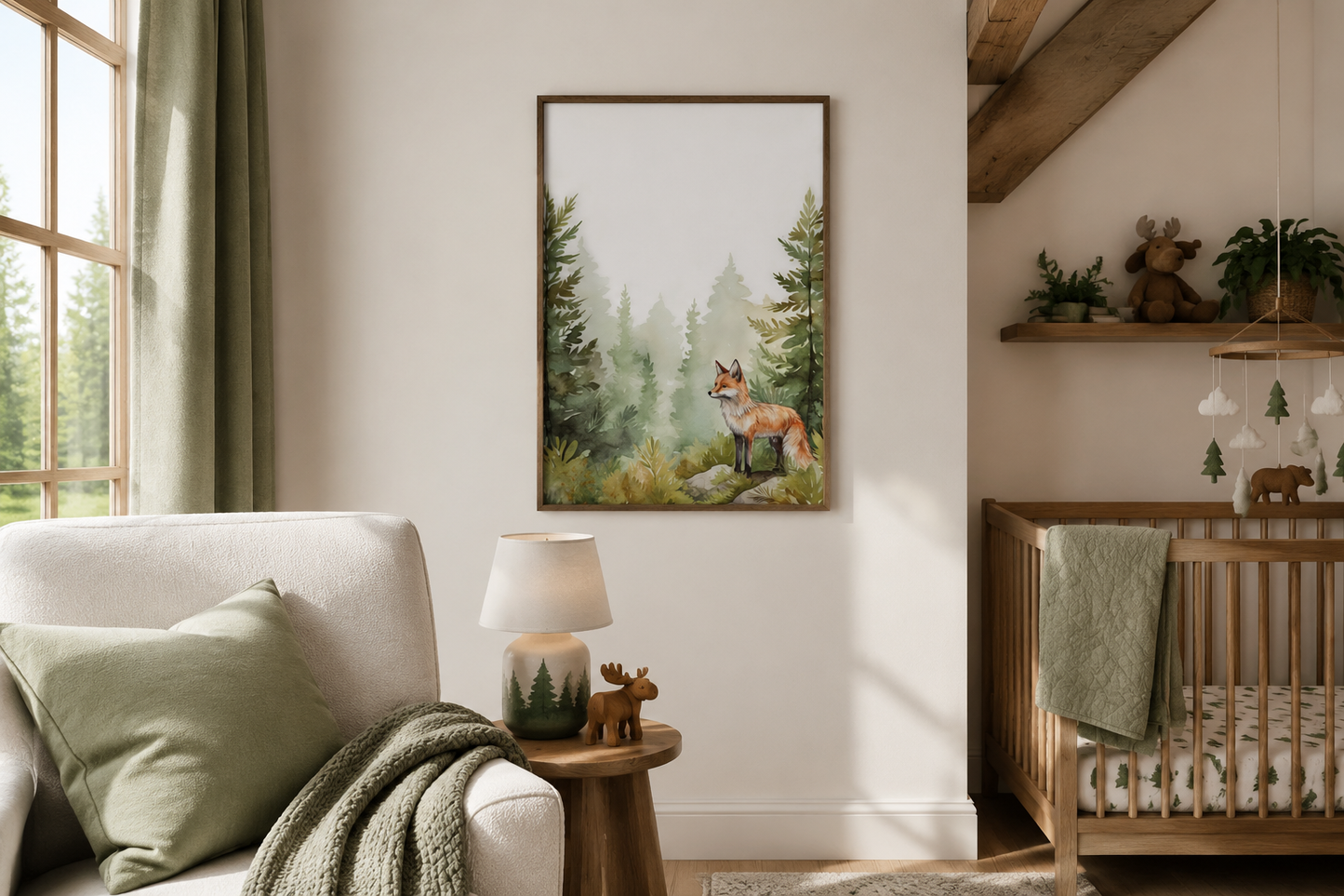 Fox In The Forest Watercolor Framed Canvas Wall Art For Nursery Or Cabin