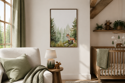 Fox In The Forest Watercolor Framed Canvas Wall Art For Nursery Or Cabin