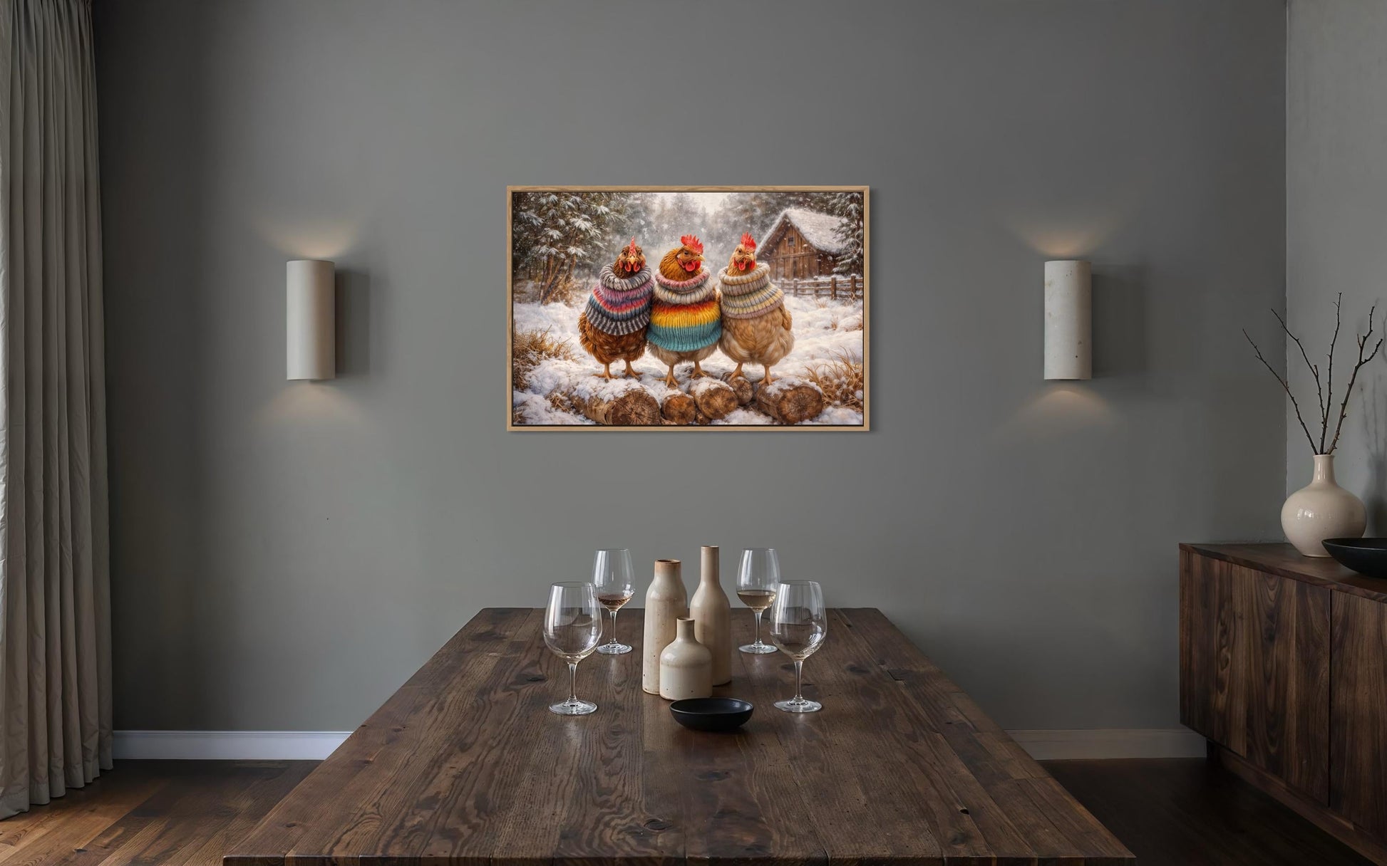 Framed Chicken Print With Cozy Animal Sweaters Farmhouse Kitchen Wall Art