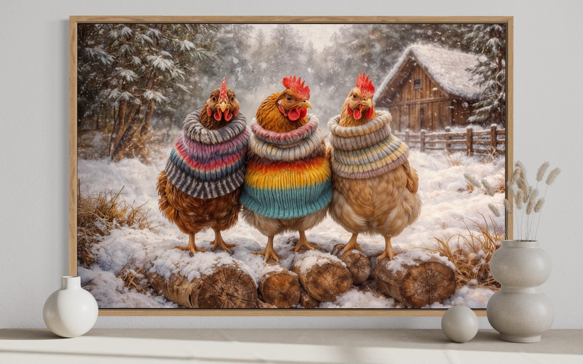 Framed Chicken Print With Cozy Animal Sweaters Farmhouse Kitchen Wall Art