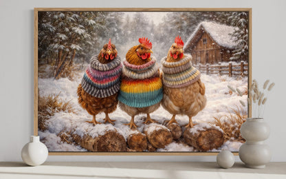 Framed Chicken Print With Cozy Animal Sweaters Farmhouse Kitchen Wall Art