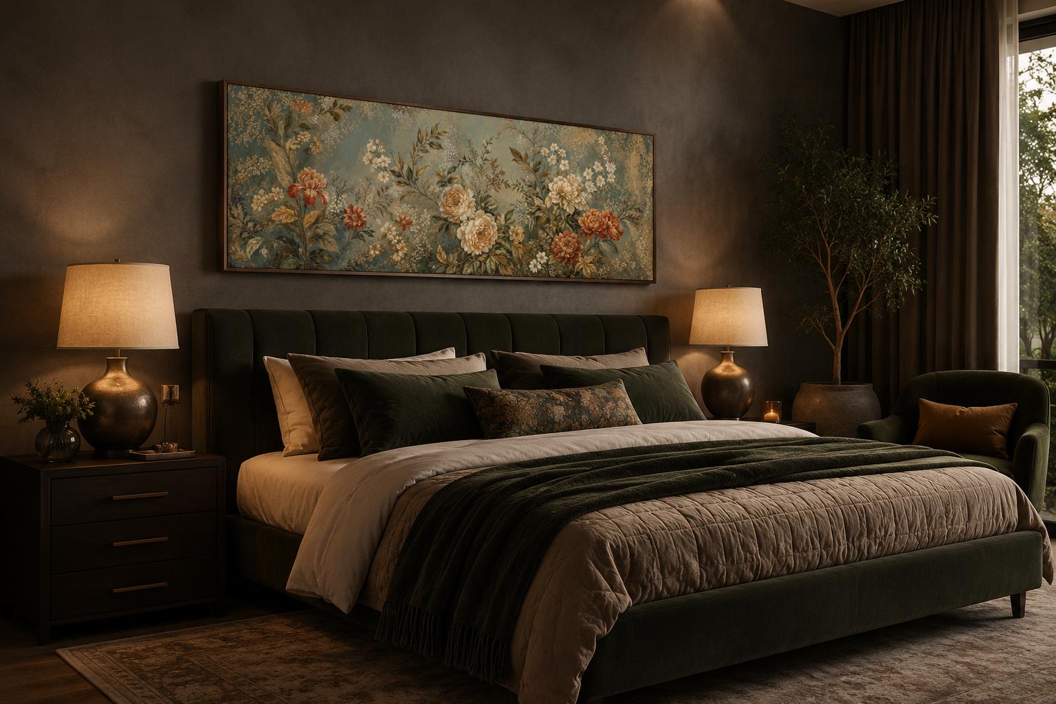 Framed Floral Tapestry – Vintage Botanical Wall Art With Sage Green & Rust Flowers Long Narrow Above Bed Decor