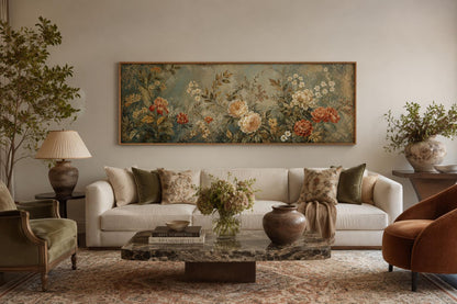 Framed Floral Tapestry – Vintage Botanical Wall Art With Sage Green & Rust Flowers Long Narrow Above Bed Decor