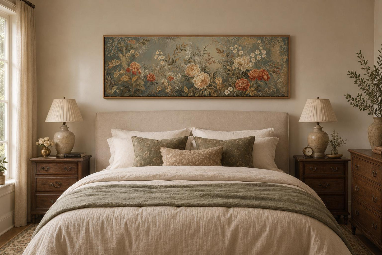 Framed Floral Tapestry – Vintage Botanical Wall Art With Sage Green & Rust Flowers Long Narrow Above Bed Decor
