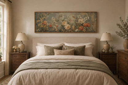 Framed Floral Tapestry – Vintage Botanical Wall Art With Sage Green & Rust Flowers Long Narrow Above Bed Decor