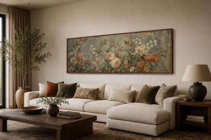 Framed Floral Tapestry – Vintage Botanical Wall Art With Sage Green & Rust Flowers Long Narrow Above Bed Decor