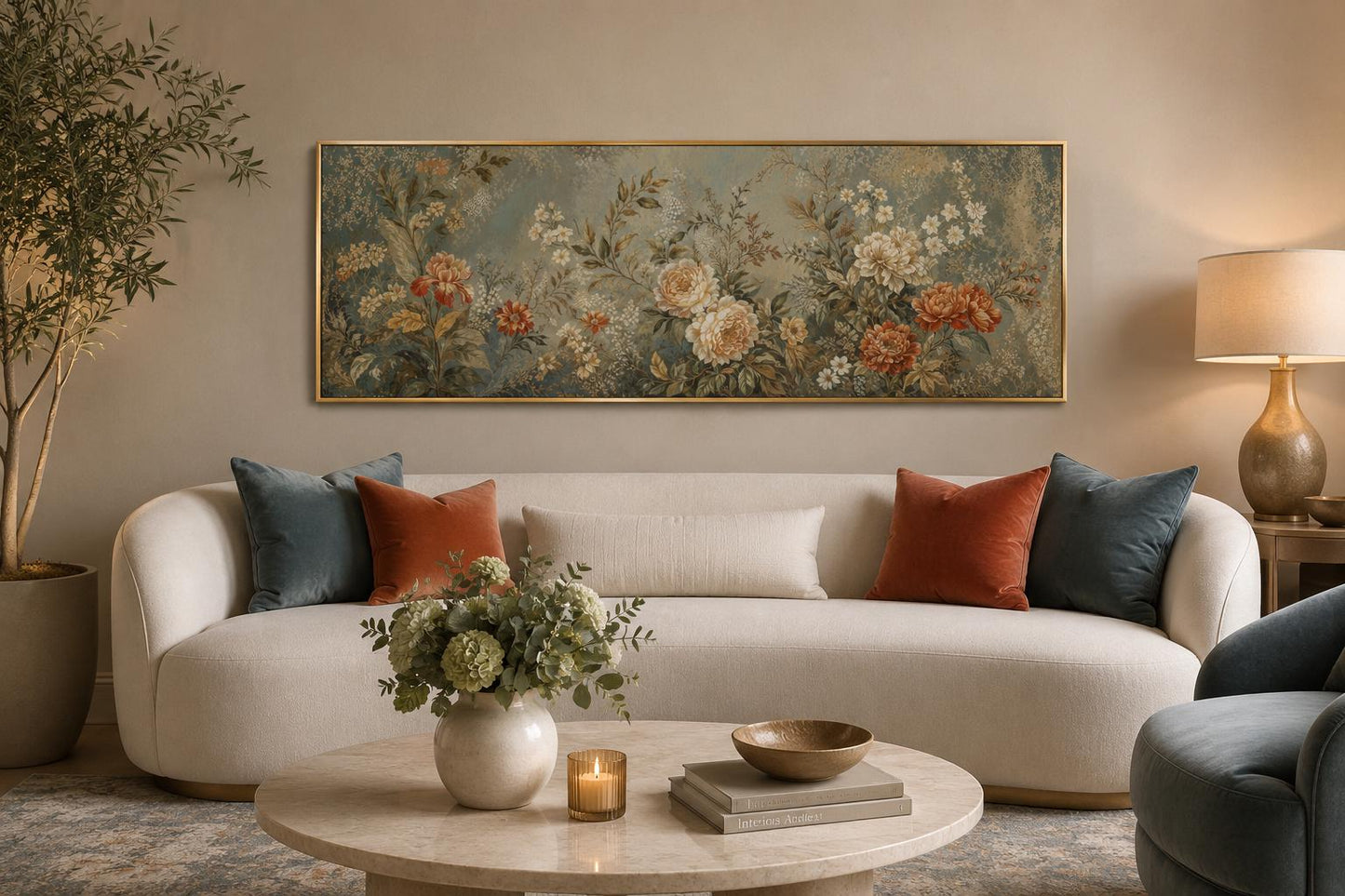 Framed Floral Tapestry – Vintage Botanical Wall Art With Sage Green & Rust Flowers Long Narrow Above Bed Decor