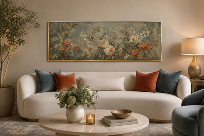 Framed Floral Tapestry – Vintage Botanical Wall Art With Sage Green & Rust Flowers Long Narrow Above Bed Decor