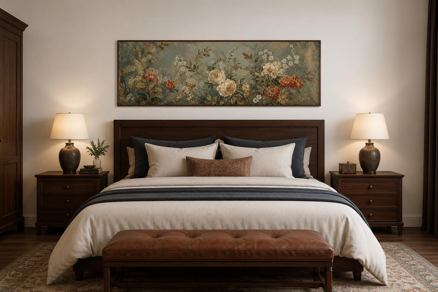 Framed Floral Tapestry – Vintage Botanical Wall Art With Sage Green & Rust Flowers Long Narrow Above Bed Decor
