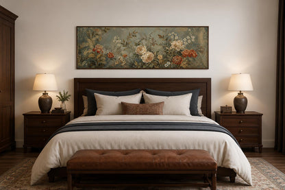 Framed Floral Tapestry – Vintage Botanical Wall Art With Sage Green & Rust Flowers Long Narrow Above Bed Decor
