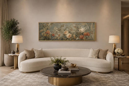 Framed Floral Tapestry – Vintage Botanical Wall Art With Sage Green & Rust Flowers Long Narrow Above Bed Decor