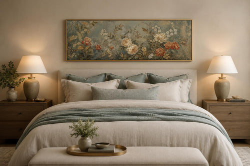 Framed Floral Tapestry – Vintage Botanical Wall Art With Sage Green & Rust Flowers Long Narrow Above Bed Decor