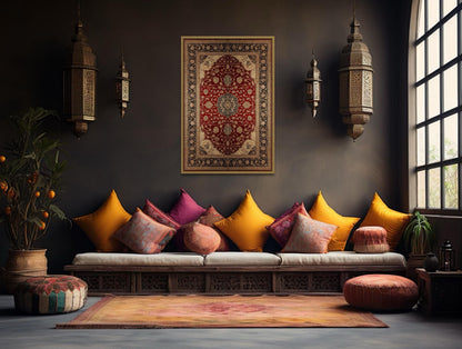 Framed Red And Gold Vertical Persian Rug Canvas Wall Art