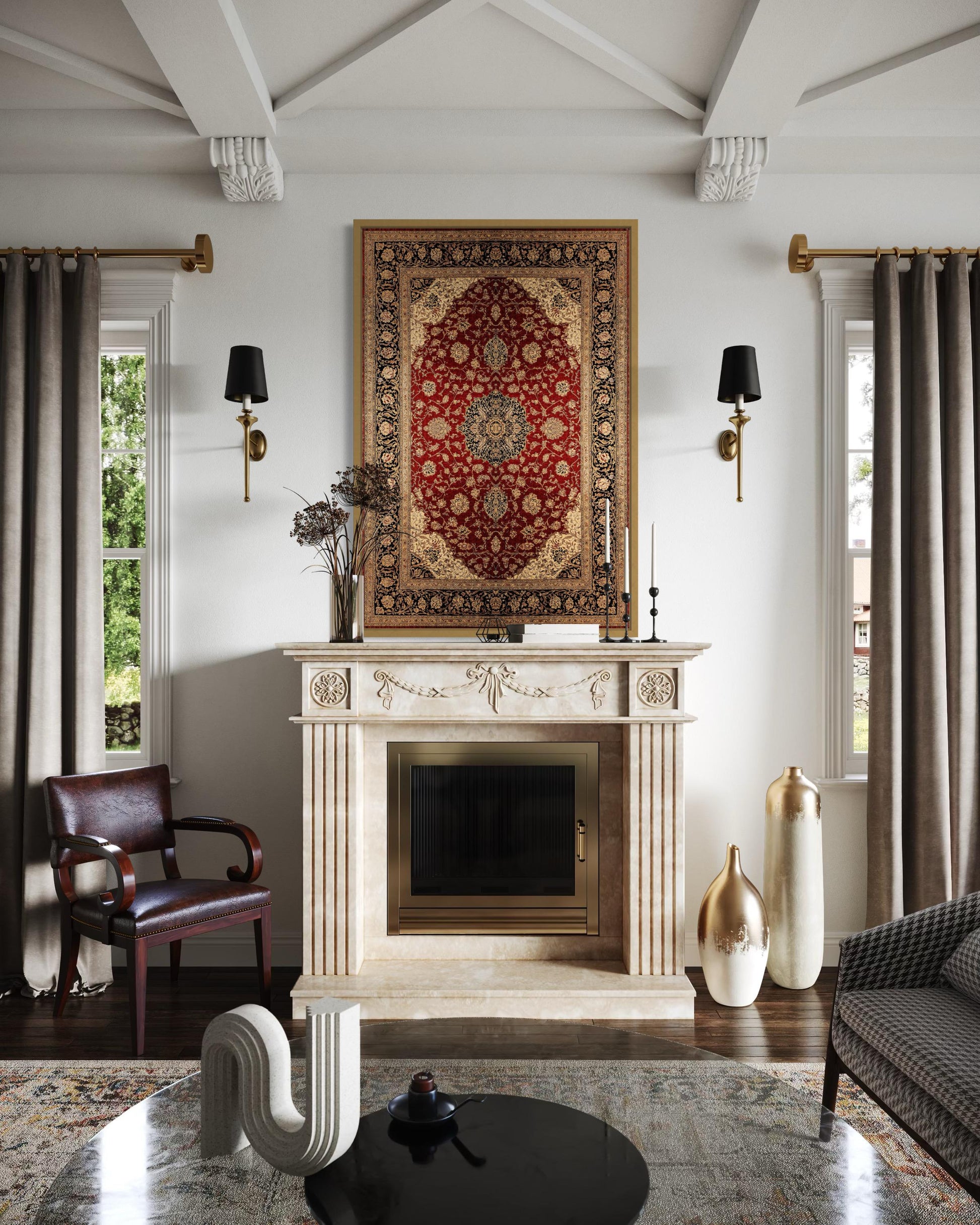 Framed Red And Gold Vertical Persian Rug Canvas Wall Art