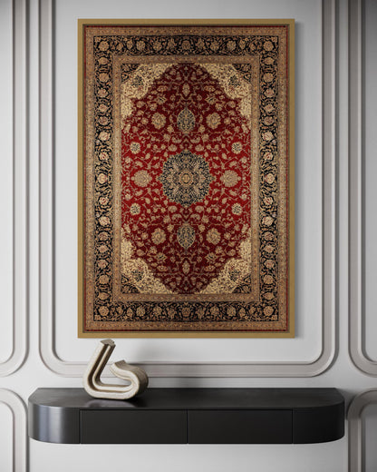 Framed Red And Gold Vertical Persian Rug Canvas Wall Art