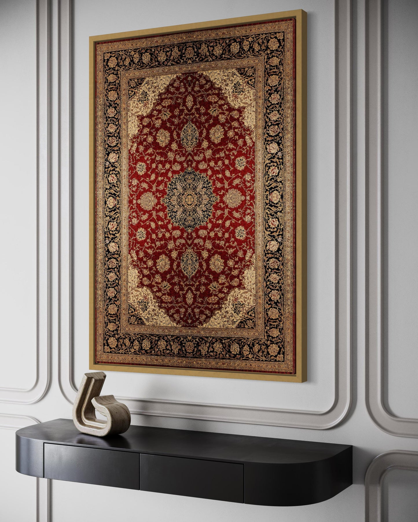 Framed Red And Gold Vertical Persian Rug Canvas Wall Art