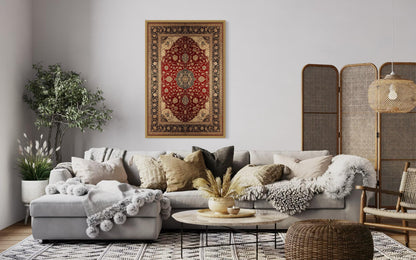 Framed Red And Gold Vertical Persian Rug Canvas Wall Art