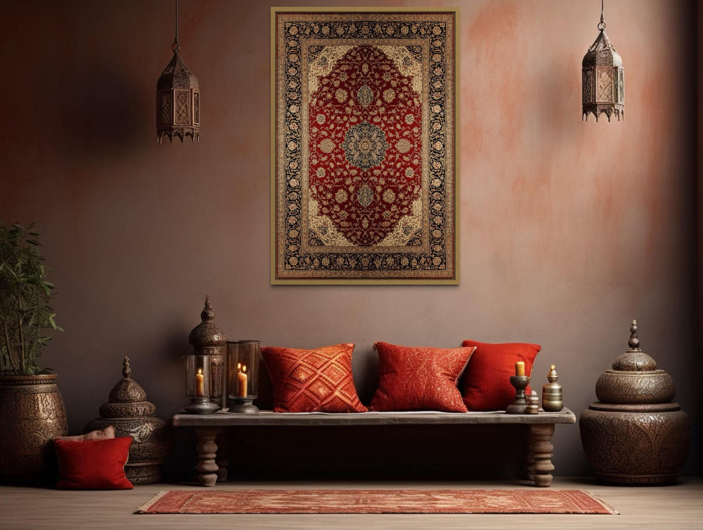 Framed Red And Gold Vertical Persian Rug Canvas Wall Art
