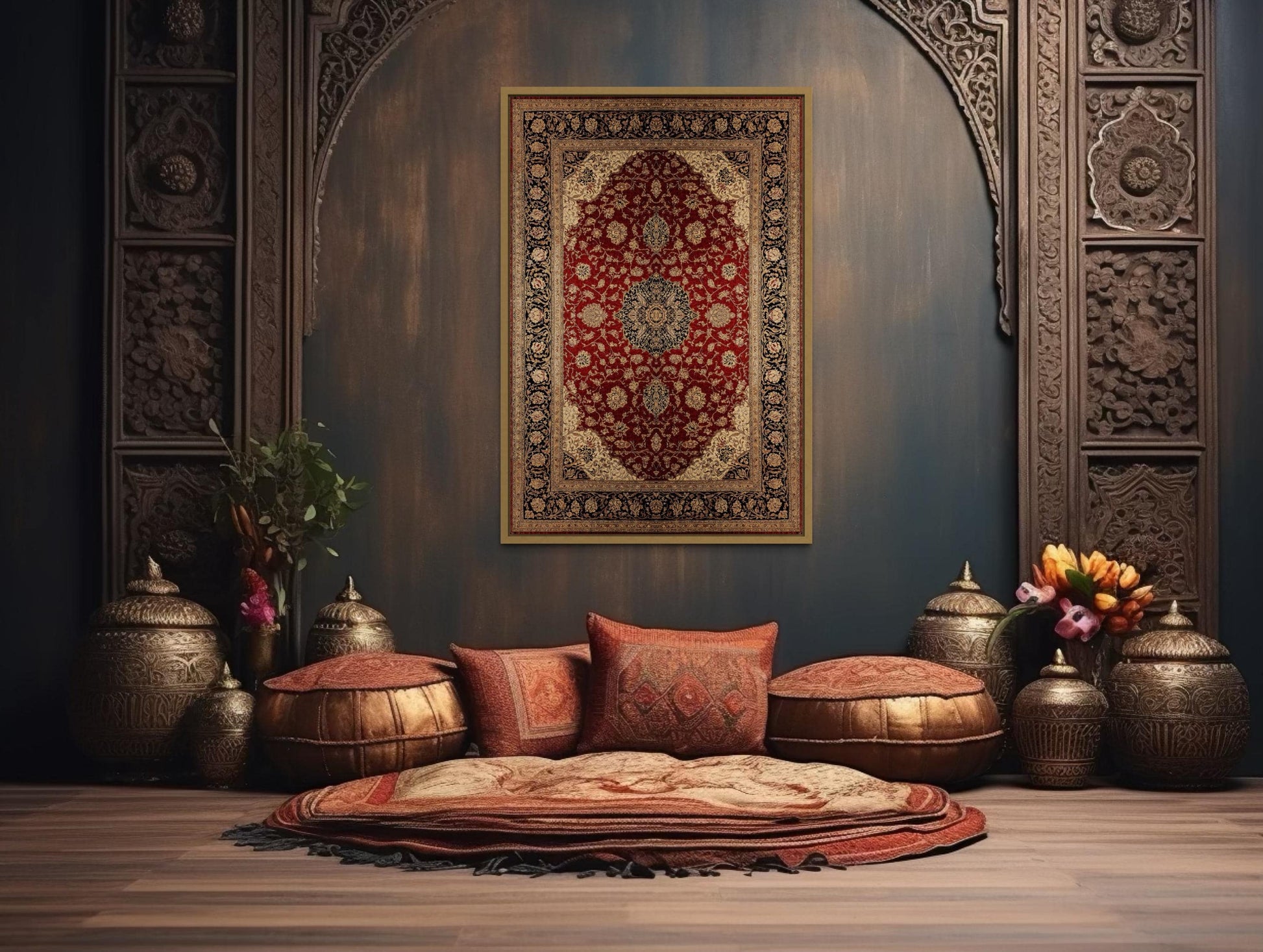 Framed Red And Gold Vertical Persian Rug Canvas Wall Art