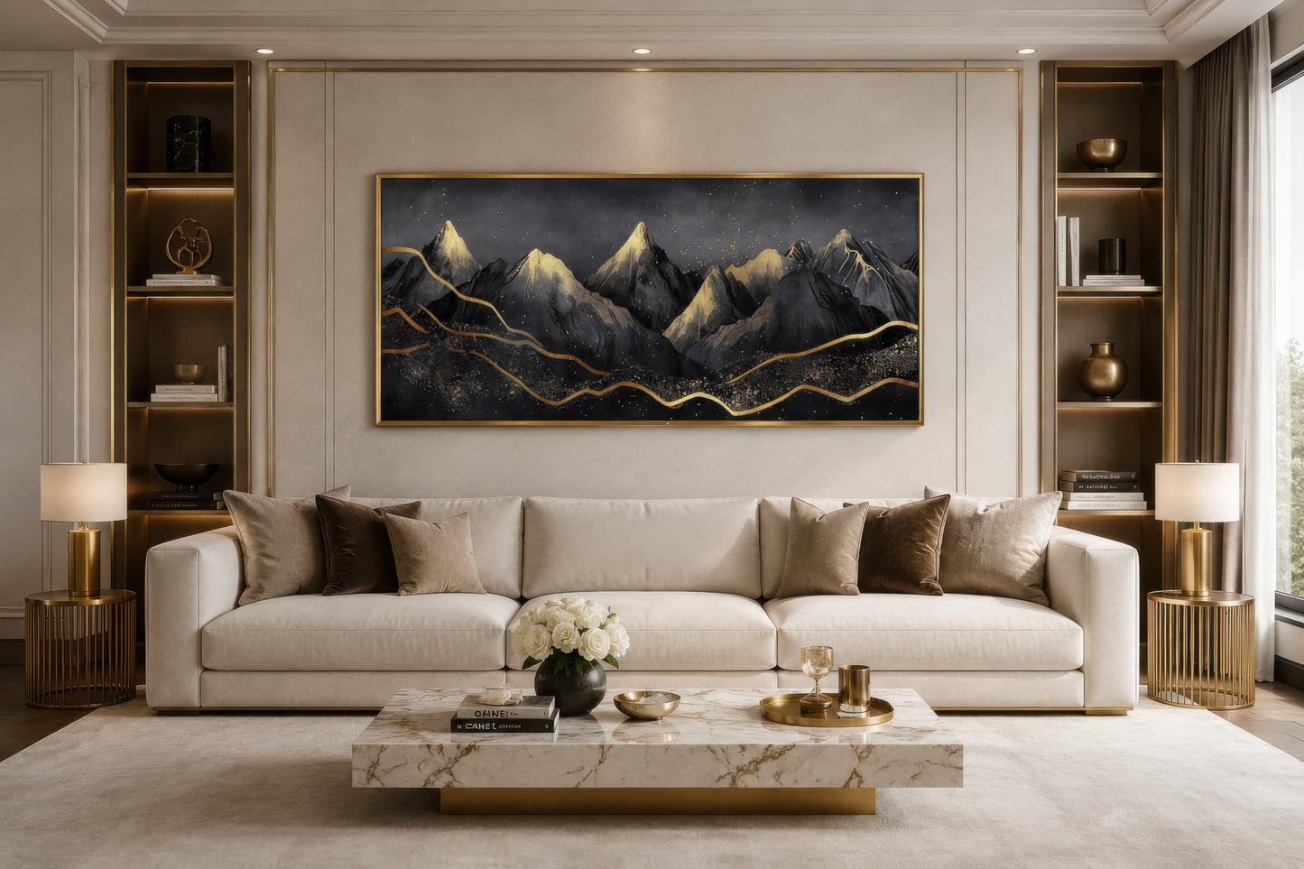 Black Gold Abstract Mountain Framed Canvas Wall Art