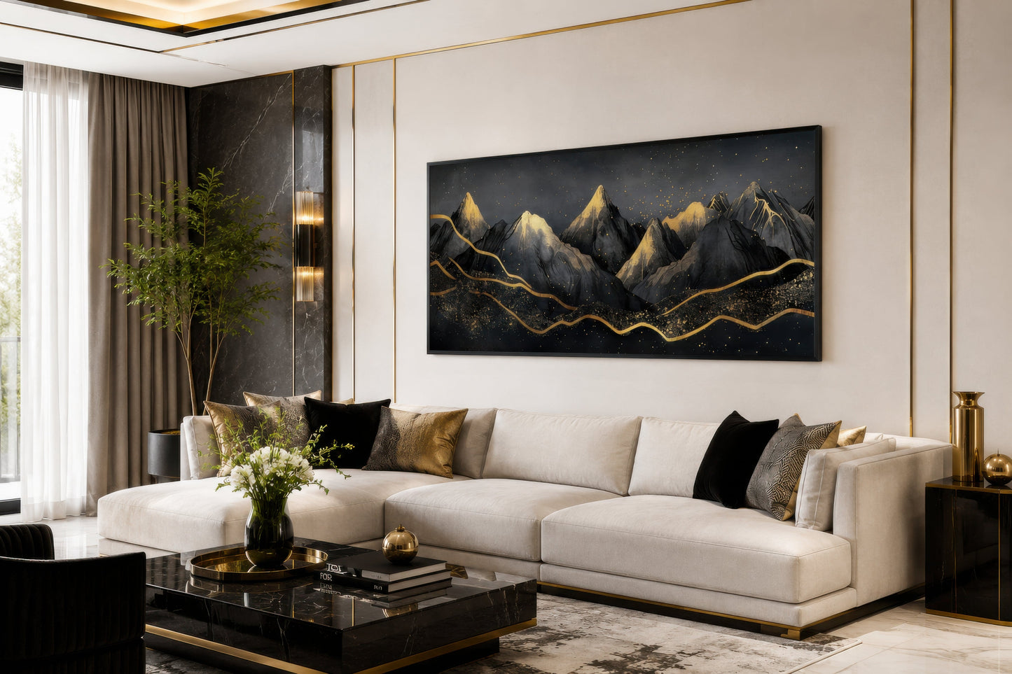 Black Gold Abstract Mountain Framed Canvas Wall Art