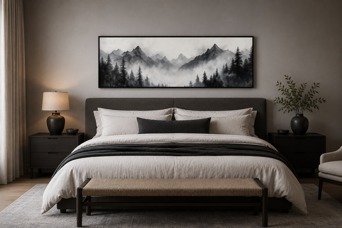 Black And White Watercolor Foggy Mountain Forest Long Horizontal Wall Art