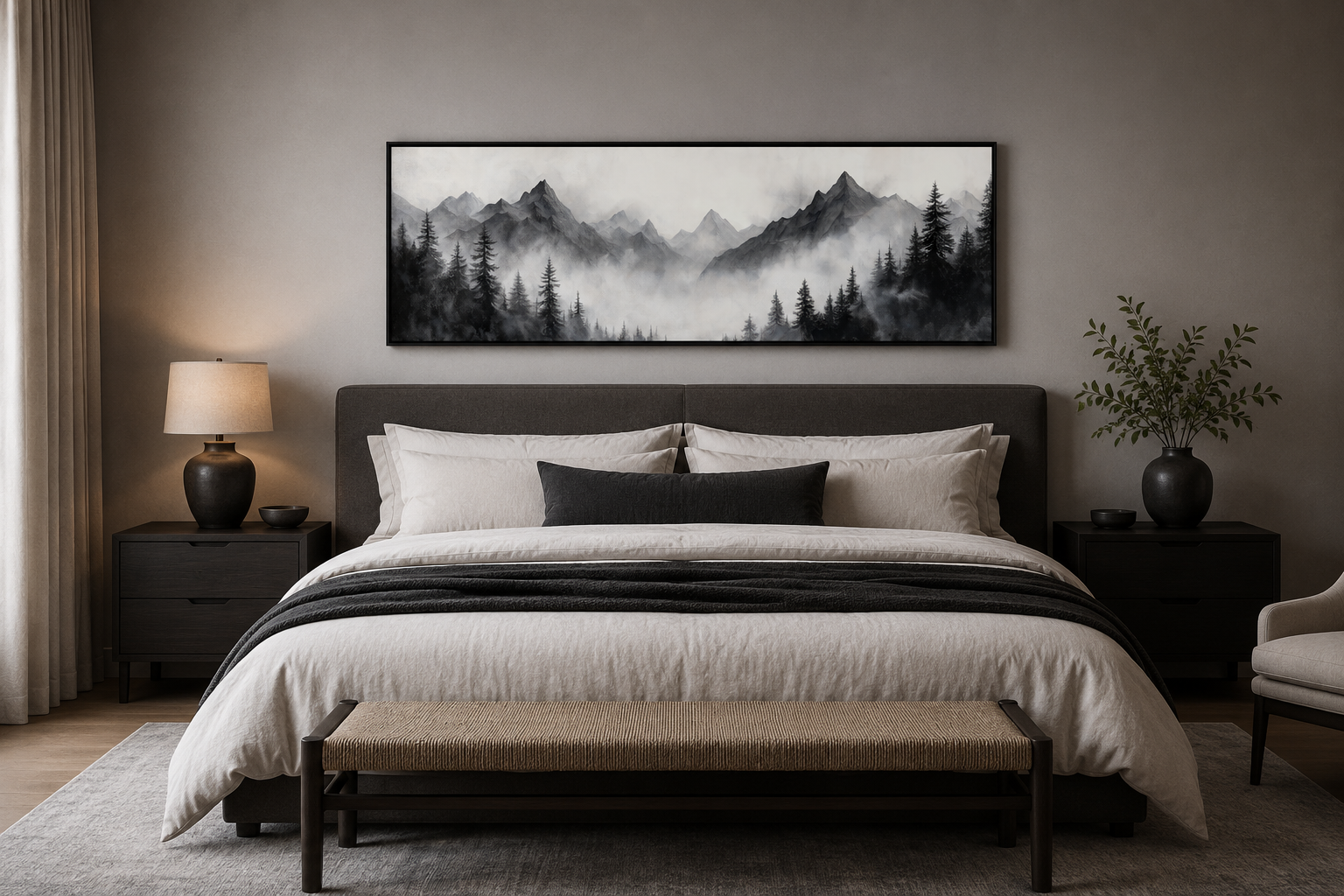 Black And White Watercolor Foggy Mountain Forest Long Horizontal Wall Art