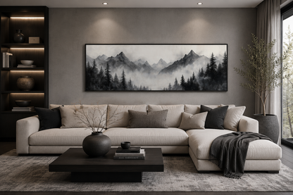 Black And White Watercolor Foggy Mountain Forest Long Horizontal Wall Art