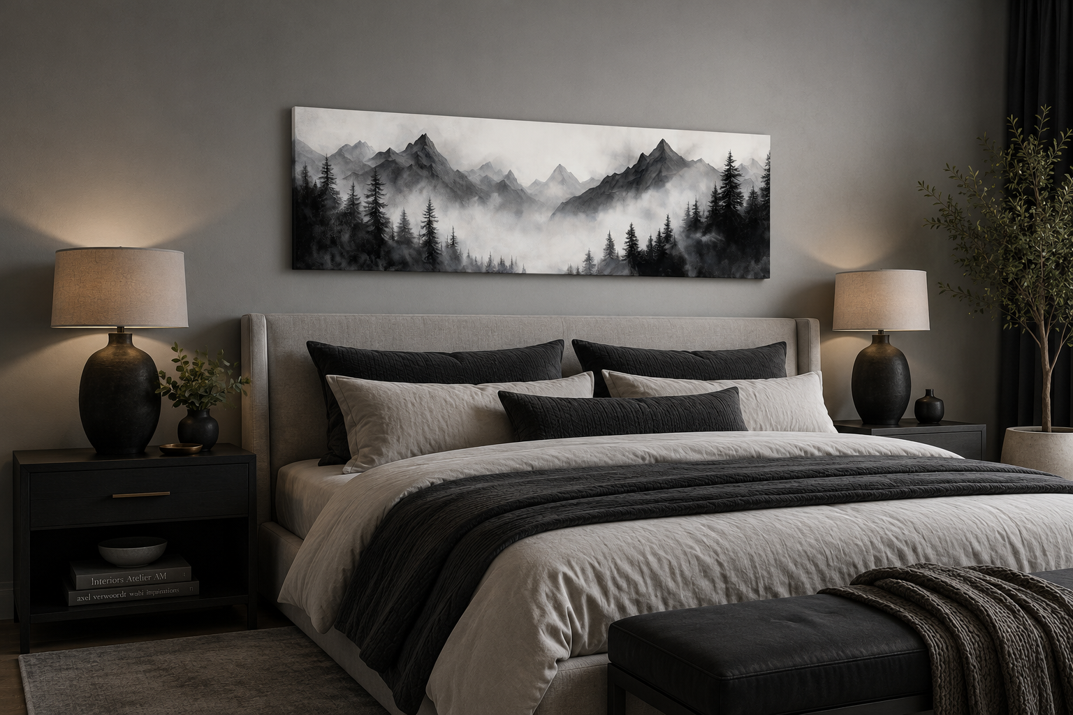 Black And White Watercolor Foggy Mountain Forest Long Horizontal Wall Art