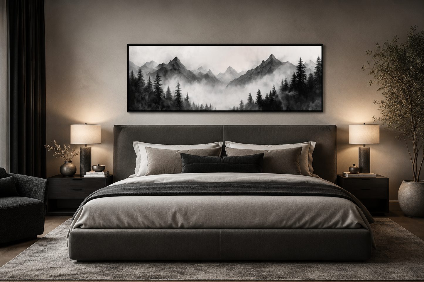 Black And White Watercolor Foggy Mountain Forest Long Horizontal Wall Art