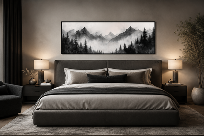 Black And White Watercolor Foggy Mountain Forest Long Horizontal Wall Art