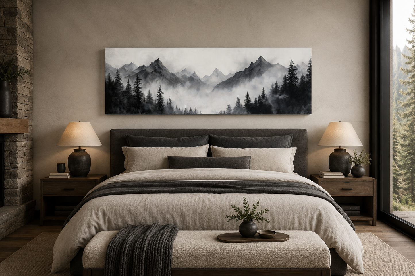 Black And White Watercolor Foggy Mountain Forest Long Horizontal Wall Art