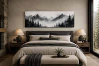 Black And White Watercolor Foggy Mountain Forest Long Horizontal Wall Art