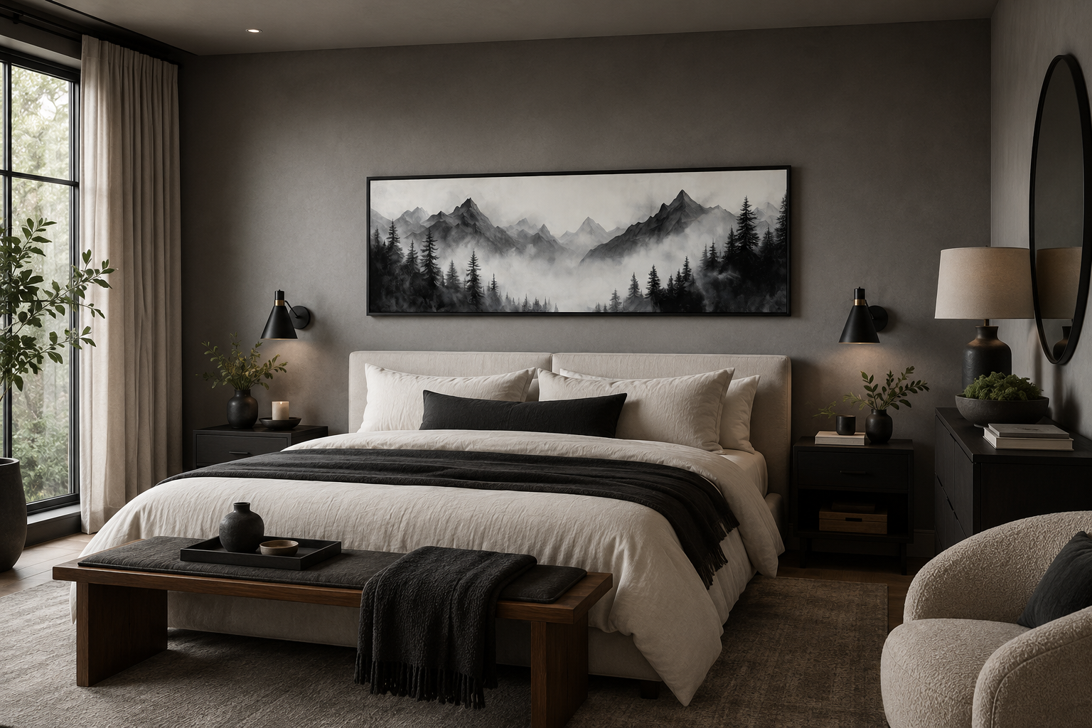 Black And White Watercolor Foggy Mountain Forest Long Horizontal Wall Art