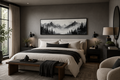 Black And White Watercolor Foggy Mountain Forest Long Horizontal Wall Art