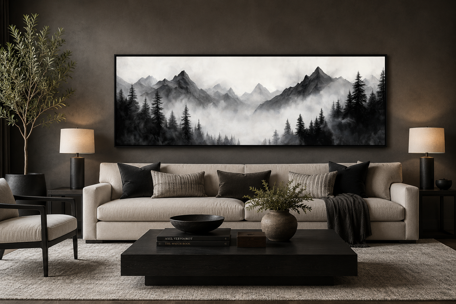 Black And White Watercolor Foggy Mountain Forest Long Horizontal Wall Art