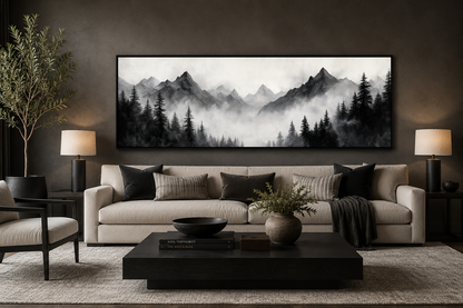 Black And White Watercolor Foggy Mountain Forest Long Horizontal Wall Art