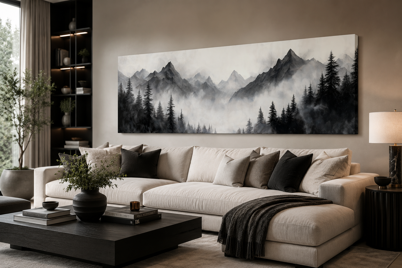 Black And White Watercolor Foggy Mountain Forest Long Horizontal Wall Art