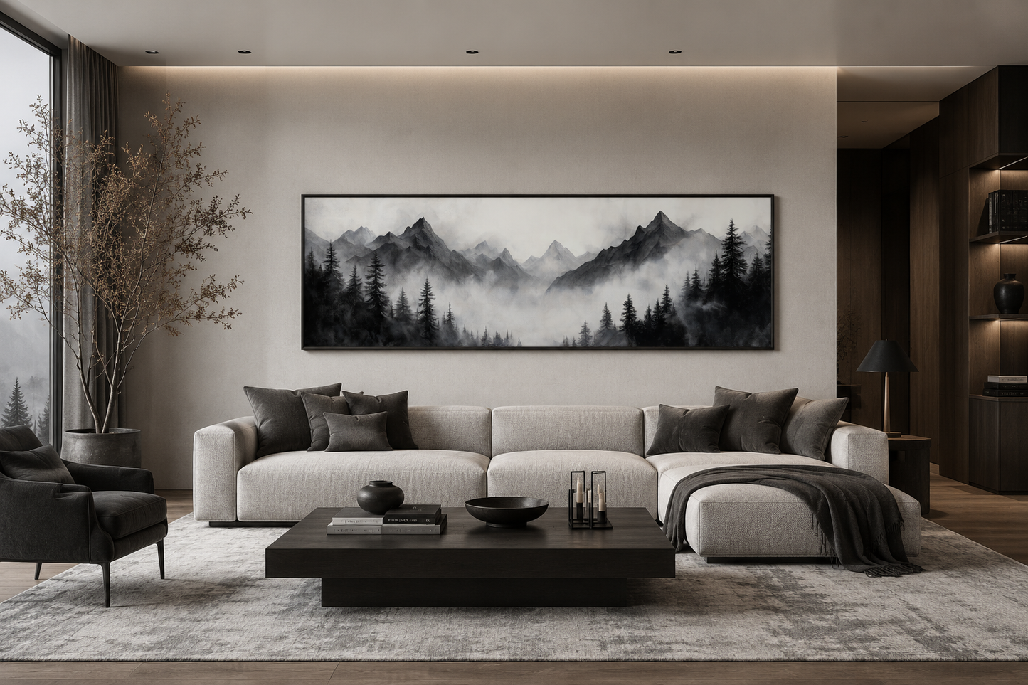 Black And White Watercolor Foggy Mountain Forest Long Horizontal Wall Art